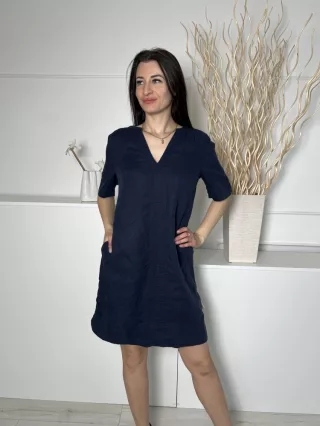   ÚJ White Stuff (M) Sötétkék 100% Len Alapanyagú Elől Díszhajtásos, V Kivágású Ruha