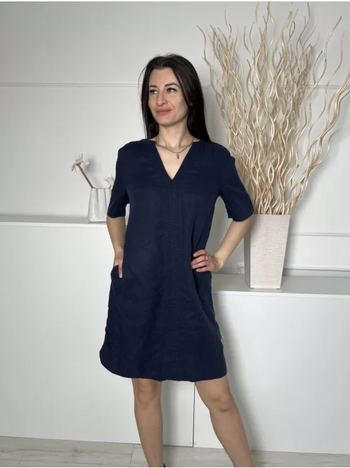 ÚJ White Stuff (M) Sötétkék 100% Len Alapanyagú Elől Díszhajtásos, V Kivágású Ruha