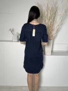 ÚJ White Stuff (M) Sötétkék 100% Len Alapanyagú Elől Díszhajtásos, V Kivágású Ruha