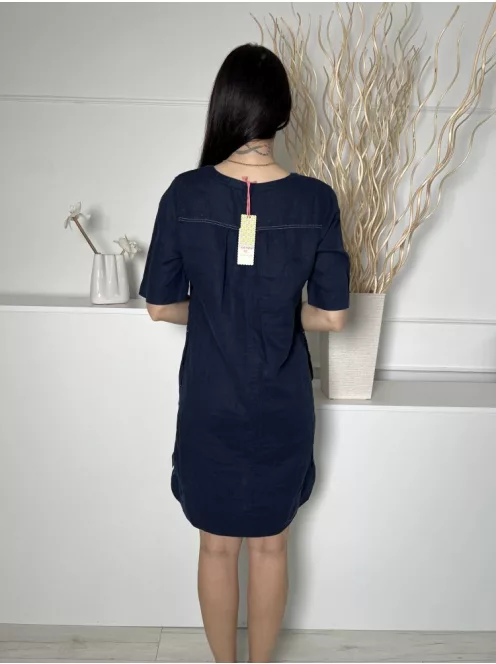 ÚJ White Stuff (M) Sötétkék 100% Len Alapanyagú Elől Díszhajtásos, V Kivágású Ruha