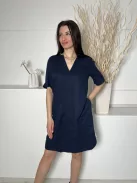 ÚJ White Stuff (M) Sötétkék 100% Len Alapanyagú Elől Díszhajtásos, V Kivágású Ruha