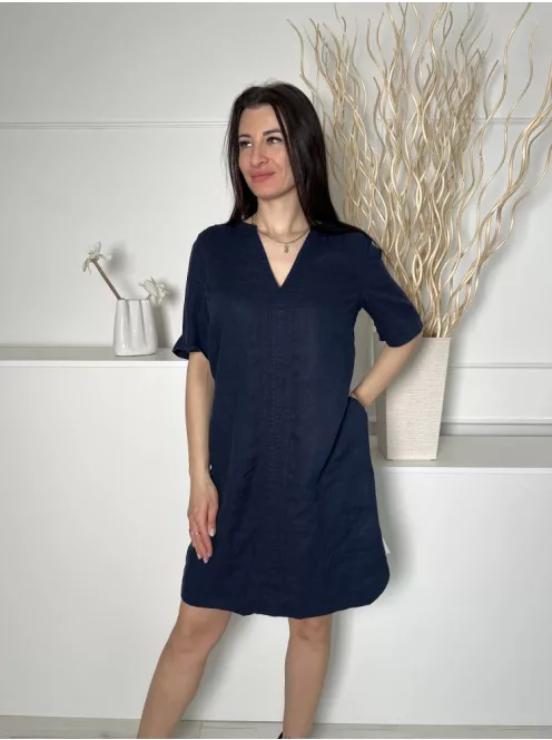 ÚJ White Stuff (M) Sötétkék 100% Len Alapanyagú Elől Díszhajtásos, V Kivágású Ruha