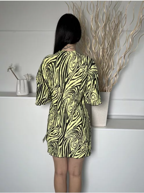 Asos (M) Banánsárga Fekete Mintás, Pliszírozott Kerek Nyakú, Fodros Aljú Ruha