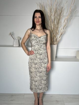   Missguided (S) Drapp Fekete Foltmintás, Ejtett Nyakú Pántos, Oldalt Cipzáros Ruha