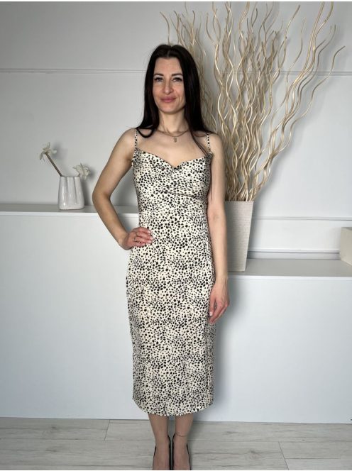 Missguided (S) Drapp Fekete Foltmintás, Ejtett Nyakú Pántos, Oldalt Cipzáros Ruha