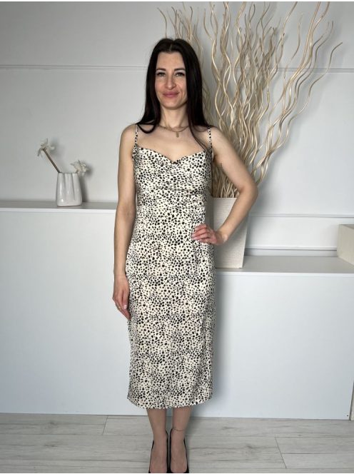 Missguided (S) Drapp Fekete Foltmintás, Ejtett Nyakú Pántos, Oldalt Cipzáros Ruha