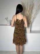 Glamorous (S) Sárgásbarna Fekete Mintás, Fodros Aljú Hátul Megkötős Ruha