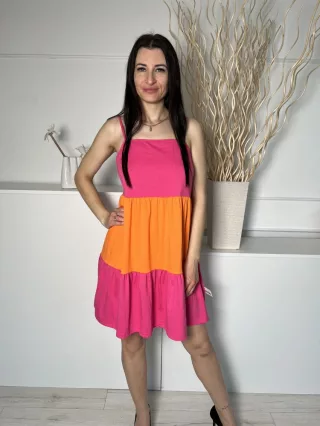   Shein (M) Pink-Narancs Állítható Pántú Fodros Aljú, 34% Pamut Alapanyagú Ruha