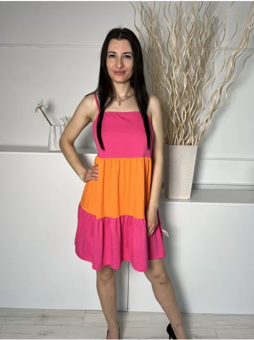 Shein (M) Pink-Narancs Állítható Pántú Fodros Aljú, 34% Pamut Alapanyagú Ruha