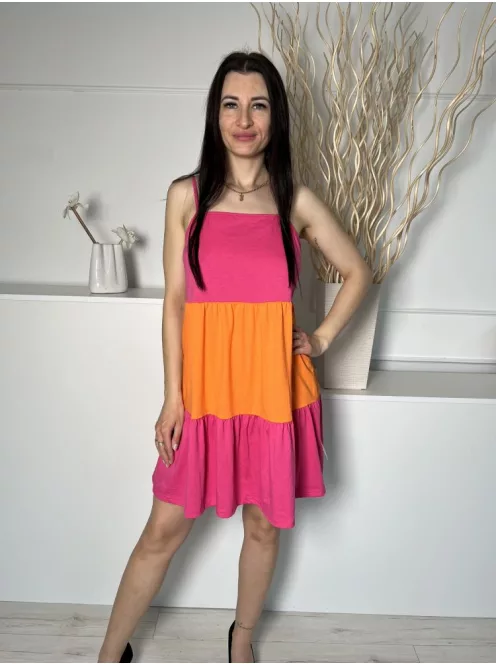 Shein (M) Pink-Narancs Állítható Pántú Fodros Aljú, 34% Pamut Alapanyagú Ruha