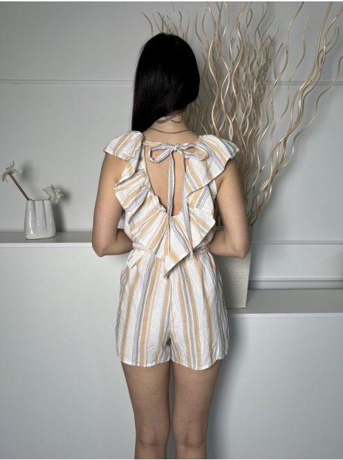 TU (S) Fehér Barna-Kék Csíkos, 100% Pamut Felül Gombos, Derékban Megkötős Overál