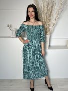 White Ginger (S) Sötétkék Zöld Foltmintás, Felül Darázsolt Ejtett Gumis Vállú Ruha