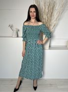 White Ginger (S) Sötétkék Zöld Foltmintás, Felül Darázsolt Ejtett Gumis Vállú Ruha