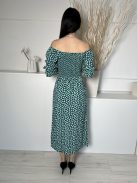 White Ginger (S) Sötétkék Zöld Foltmintás, Felül Darázsolt Ejtett Gumis Vállú Ruha