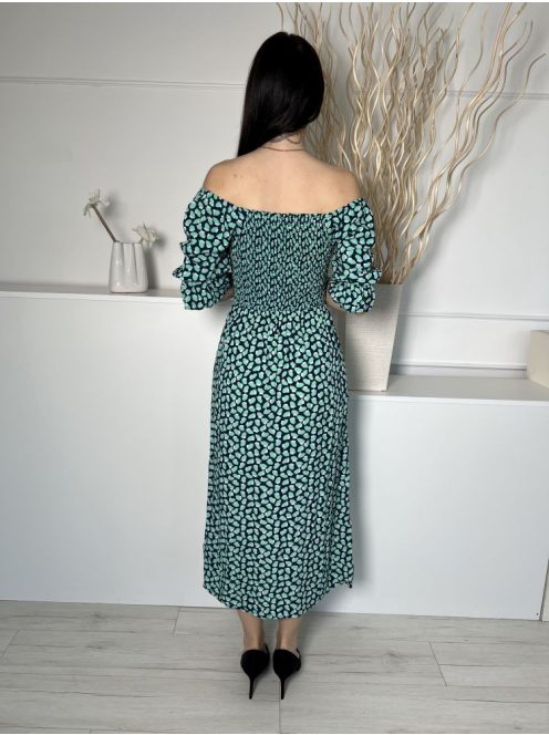 White Ginger (S) Sötétkék Zöld Foltmintás, Felül Darázsolt Ejtett Gumis Vállú Ruha