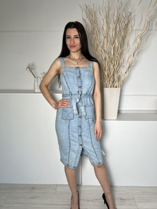   F&F (S) Világoskék Elől Végig Gombos, Zsebes Derékban Megkötős, Farmer Ruha