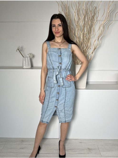 F&F (S) Világoskék Elől Végig Gombos, Zsebes Derékban Megkötős, Farmer Ruha