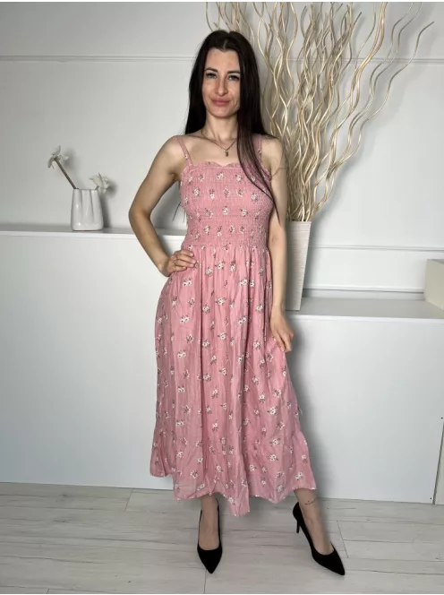 F&F (M) Pasztell Rózsaszín Fehér Virágos, Felül Darázsolt 100% Pamut Alapanyagú Ruha