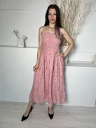 F&F (M) Pasztell Rózsaszín Fehér Virágos, Felül Darázsolt 100% Pamut Alapanyagú Ruha