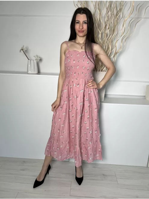 F&F (M) Pasztell Rózsaszín Fehér Virágos, Felül Darázsolt 100% Pamut Alapanyagú Ruha