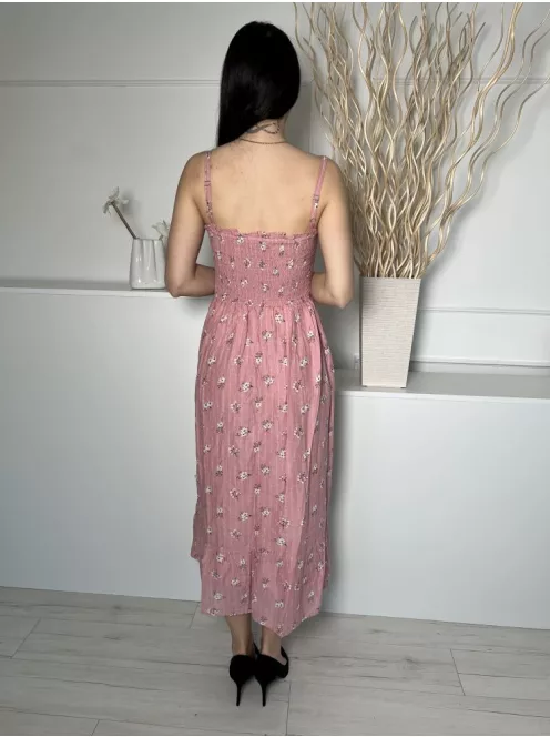 F&F (M) Pasztell Rózsaszín Fehér Virágos, Felül Darázsolt 100% Pamut Alapanyagú Ruha