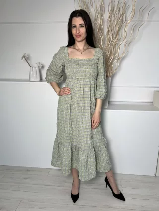   Primark (M) Zöld Fekete Kockás, Fodros Aljú 65% Pamut, Felül Darázsolt, Buggyos Ujjú Ruha