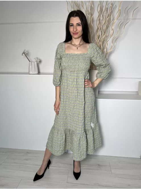 Primark (M) Zöld Fekete Kockás, Fodros Aljú 65% Pamut, Felül Darázsolt, Buggyos Ujjú Ruha