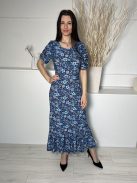 Blue Vanilla (S) Sötétkék Kék Virágos, Fodros Aljú Hátul Nyitott, Megkötős Ruha