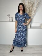 Blue Vanilla (S) Sötétkék Kék Virágos, Fodros Aljú Hátul Nyitott, Megkötős Ruha