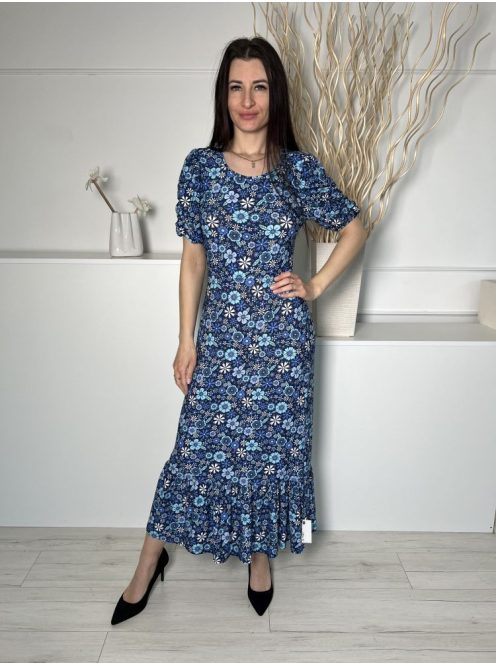 Blue Vanilla (S) Sötétkék Kék Virágos, Fodros Aljú Hátul Nyitott, Megkötős Ruha