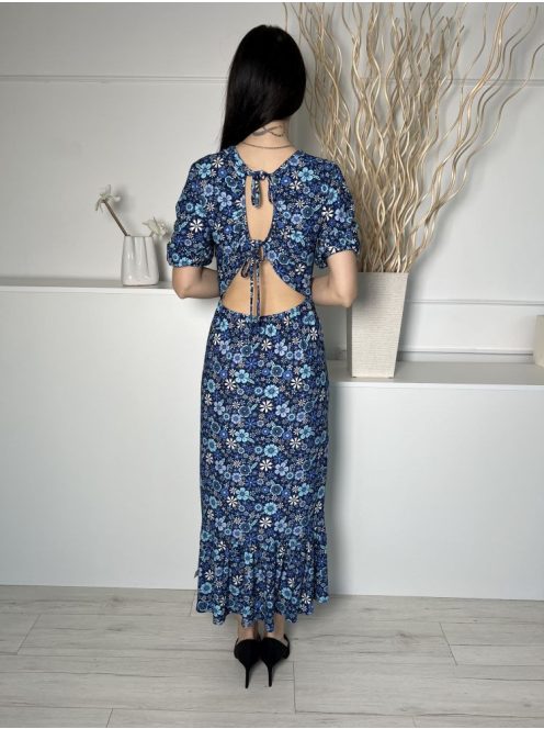 Blue Vanilla (S) Sötétkék Kék Virágos, Fodros Aljú Hátul Nyitott, Megkötős Ruha