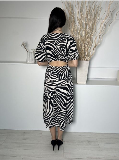 F&F (S) Fehér Fekete, Mintás, Mellél Átlapolt Hátul Nyitott, Gumisderekú, 55% Len Alapanyagú Ruha