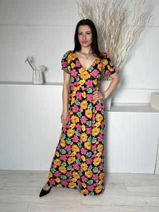   Boohoo (M) Fekete Színes Virágos, Mellnél Átlapolt Hátul Darázsolt, Nyakban Megkötős Ruha