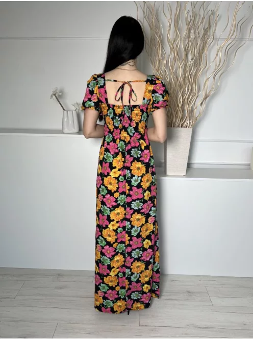 Boohoo (M) Fekete Színes Virágos, Mellnél Átlapolt Hátul Darázsolt, Nyakban Megkötős Ruha