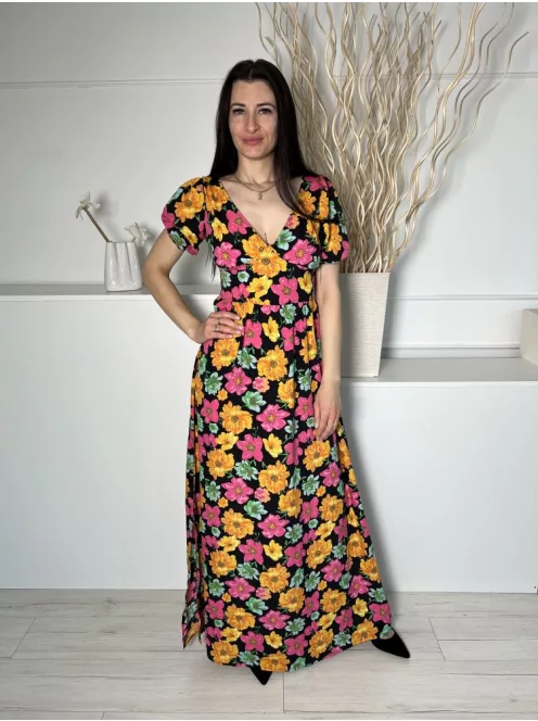 Boohoo (M) Fekete Színes Virágos, Mellnél Átlapolt Hátul Darázsolt, Nyakban Megkötős Ruha