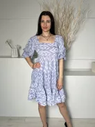 F&F (M) Kék-Fehér Mintás, 00% Pamut Fodros Aljú, Gumis Ujjvégű Ruha