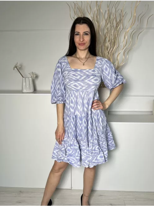 F&F (M) Kék-Fehér Mintás, 00% Pamut Fodros Aljú, Gumis Ujjvégű Ruha