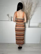 Shein (M) Narancs-Barna-Drapp Mintás, Oldalt Sliccelt Anyagában Horgolt, Bélelt Ruha