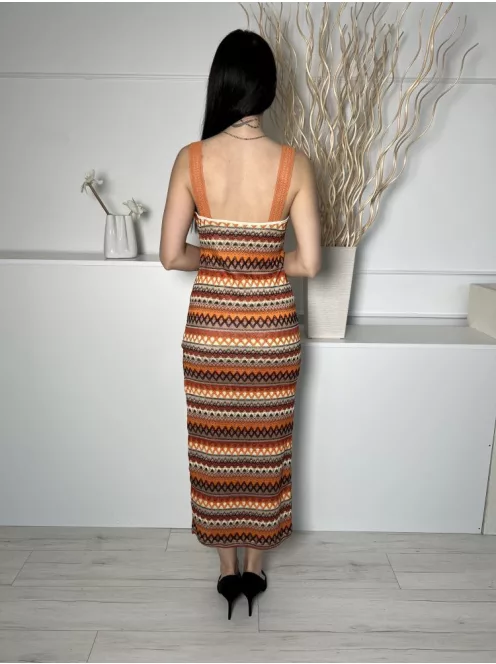 Shein (M) Narancs-Barna-Drapp Mintás, Oldalt Sliccelt Anyagában Horgolt, Bélelt Ruha