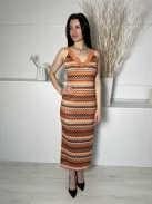 Shein (M) Narancs-Barna-Drapp Mintás, Oldalt Sliccelt Anyagában Horgolt, Bélelt Ruha