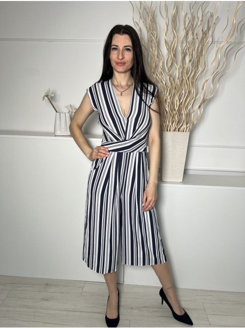 Miss Selfridge (S) Fehér Sötékék Csíkos, V Kivágású Hátul Cipzáros Overál