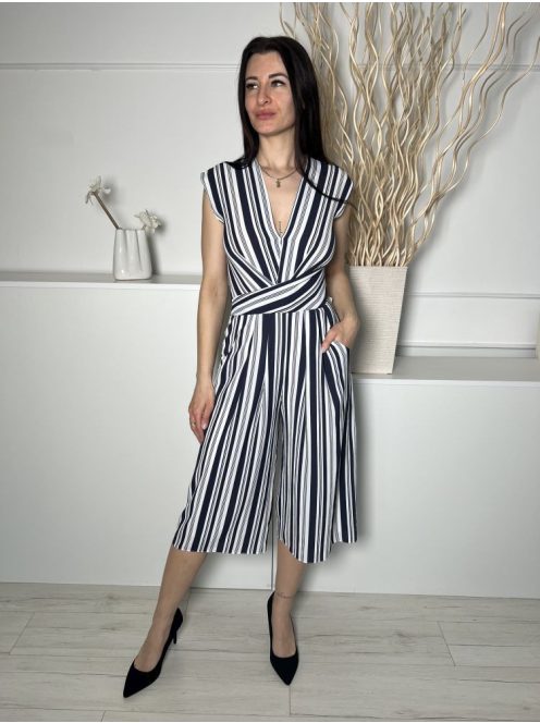 Miss Selfridge (S) Fehér Sötékék Csíkos, V Kivágású Hátul Cipzáros Overál