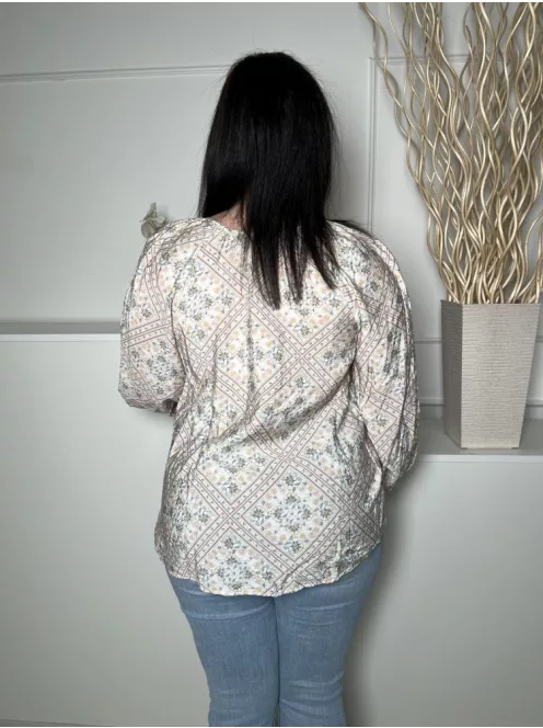 TU (L) Fehér Színes Mintás, Nyakban Megköthető Gumis Ujjvégű, Hátul Hosszított Felső