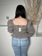 ÚJ TU (L) Drapp-Barna Apró Kockás, 99% Pamut Alapanyagú Nyakban Díszmegkötős, Gumírozott Felső