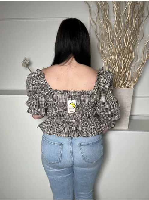 ÚJ TU (L) Drapp-Barna Apró Kockás, 99% Pamut Alapanyagú Nyakban Díszmegkötős, Gumírozott Felső