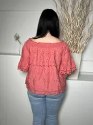 George (L) Korall Anyagában Lyukacsos Mintás Ejtett Darázsolt Vállú, 100% Pamut Felső