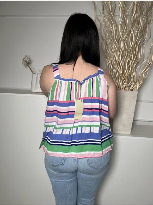 ÚJ Next (L) Fehér-Kék-Rózsaszín-Zöld Csíkos, Mellnél Fodros Pántos, Lenge Fazonú Felső