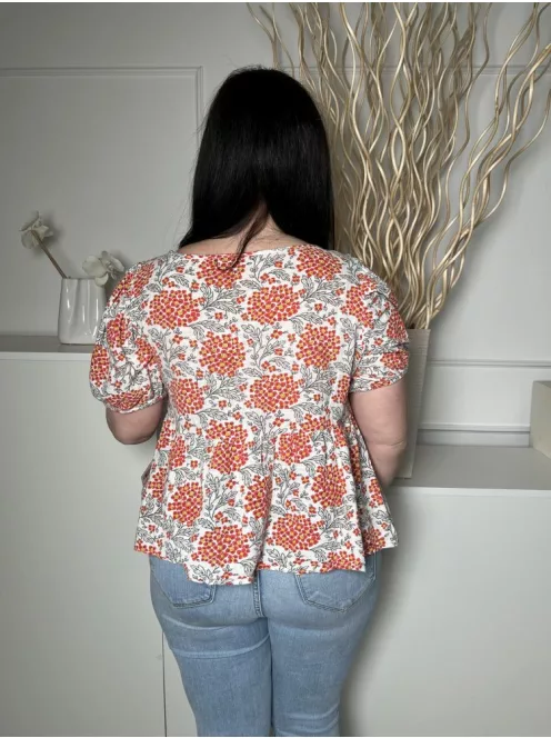 Next (L) Fehér Piros Virágos, Gumis Ujvégű 100% Pamut, Csónak Nyakú Felső