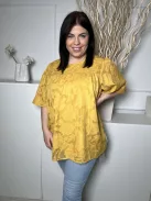 ÚJ Yundai (L) Okkersárga Anyagában Mintás, Hátul Nyakban Gombos Bélelt, Tölcsér Ujjú Felső