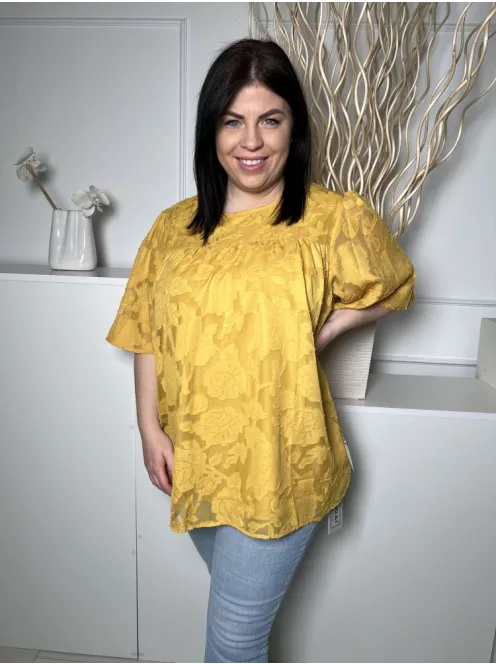 ÚJ Yundai (L) Okkersárga Anyagában Mintás, Hátul Nyakban Gombos Bélelt, Tölcsér Ujjú Felső